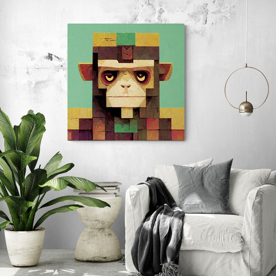 tableau singe swag au design Minecraft accroché dans un salon