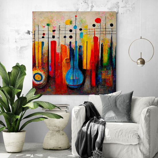 Grand tableau avec partition de musique, sur le mur d'un salon, un instrument à cordes bleu combiné avec une partition de musique. Une confusion qui est aussi présente entre les notes de musique et les couleurs. Un tableau multicolore, aux teintes chaudes et variés, invitant le spectateur à se laisser emporter par la chaleur de la musique