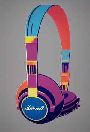 tableau musique Casque Marshall, style Pop art par Andy Warhol, rendu 3D réaliste, design coloré,
