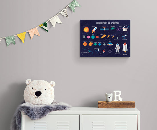 Tableau de décoration enfant thème de l'espace accroché au-dessus d'une commode