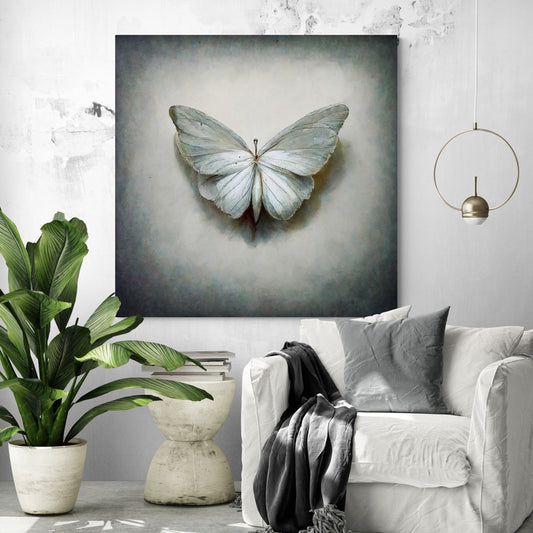 Tableau de papillon blanc, délicat est accroché dans un salon blanc