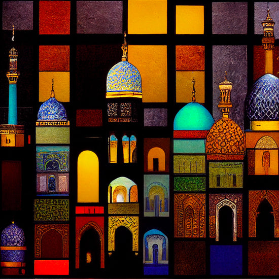 Tableau arabe, Une ville arabe s'étend, emplie de maisons aux couleurs chaudes et aux motifs complexes. Leurs façades ornées de mosaïques reflètent la lumière du soleil. Un tableau inspiré des vitraux colorés, et des ruelles sinueuses et étroites du Moyen-Orient. Les minarets s’élèvent fièrement vers le ciel, attestant de l'histoire et de la culture d'une terre ancestrale