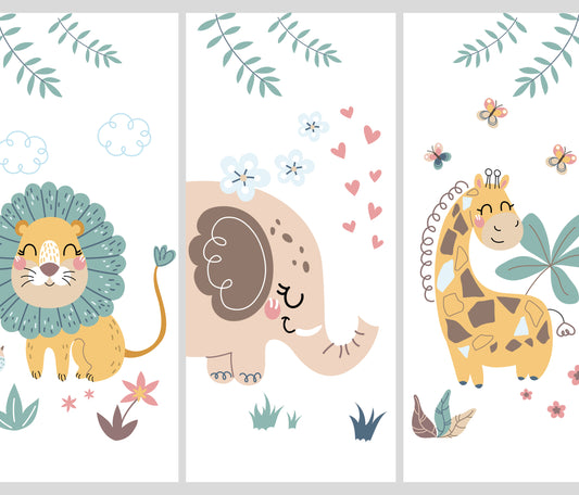Tableau animaux chambre bebe. Un lion, un elephant et une girafe, ils sont mignons et rigolo