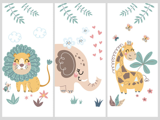 Tableau animaux chambre bebe. Un lion, un elephant et une girafe, ils sont mignons et rigolo