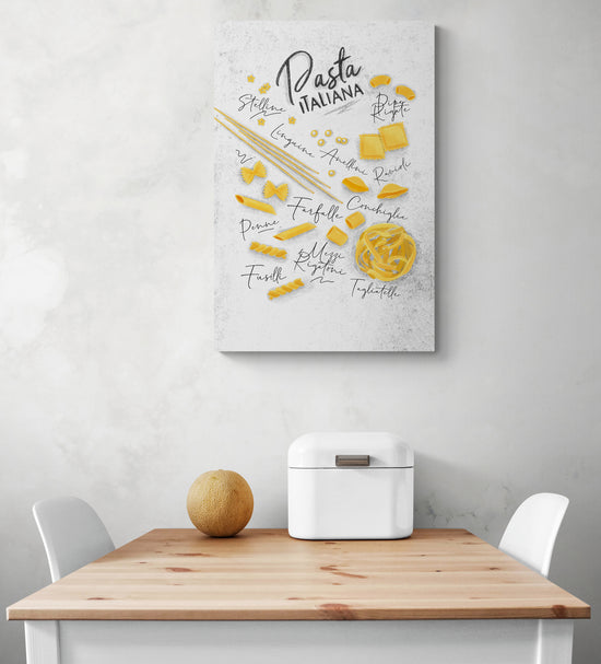 tableau blanc cuisine avec des illustrations de pâtes est accroché sur le mur d'une cuisine blanche