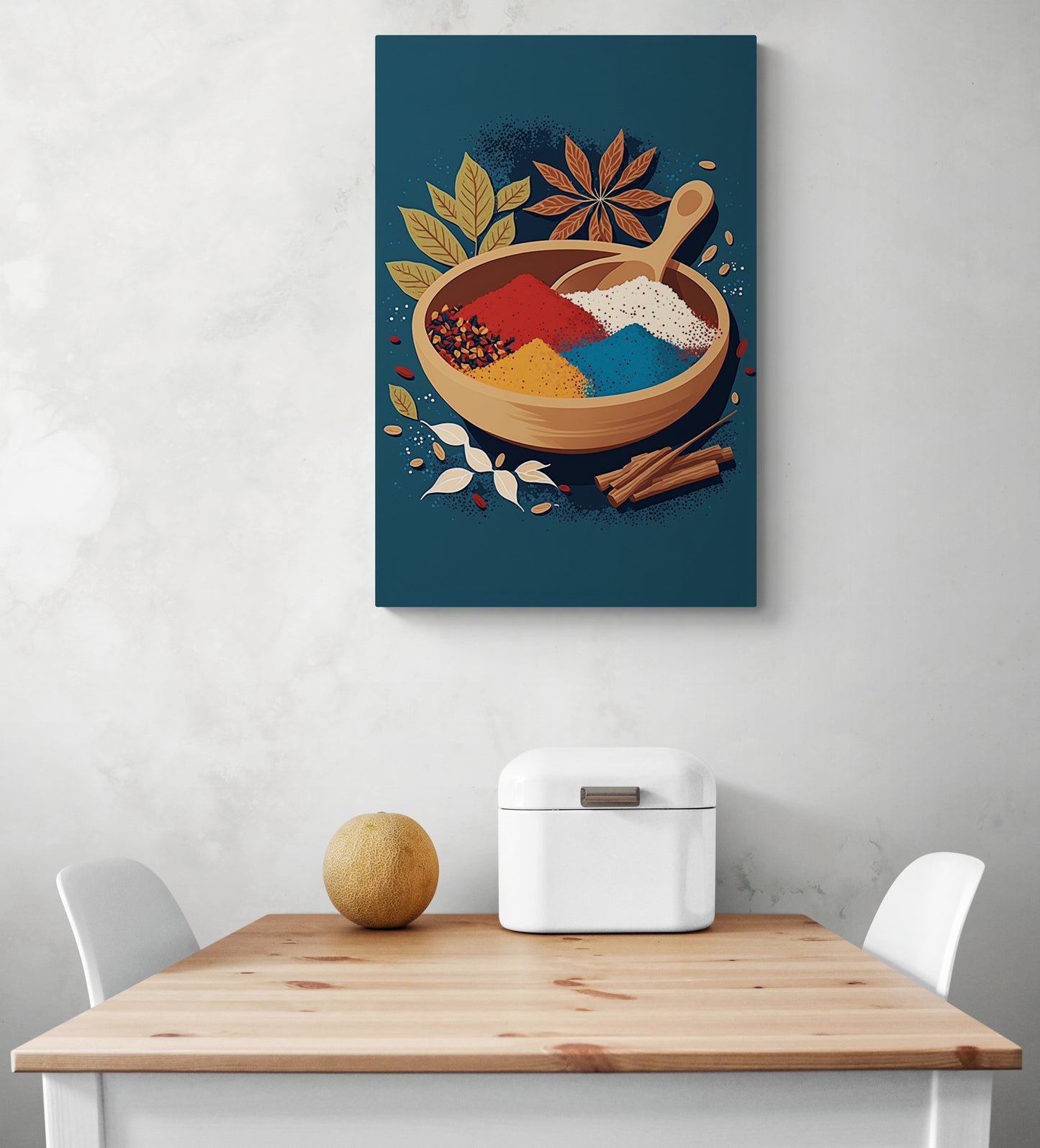tableau bleu moderne avec une illustration d'un bol rempli d'épices est accroché audessus d'une table en bois