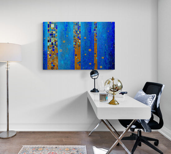 Tableau mural abstrait bleu et or selon Gustav Klimt dans bureau