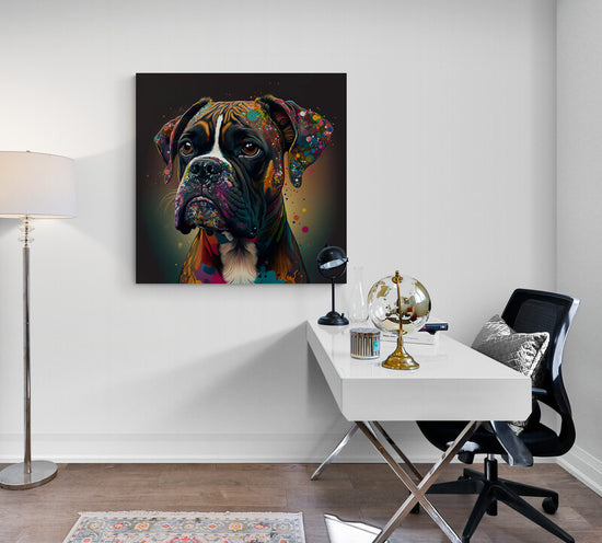 Tableau decoration chien boxer en pop art, peinture multicolore pour bureau