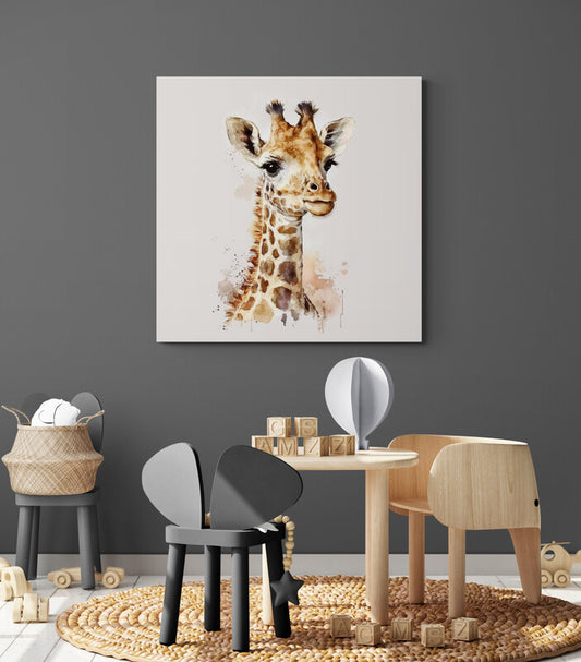 Tableau deco bébé girafe à l'aquarelle pour chambre enfant