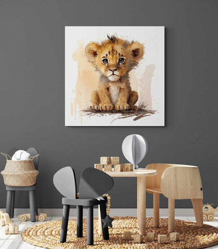Tableau deco bebe lion à l'aquarelle pour chambre enfant