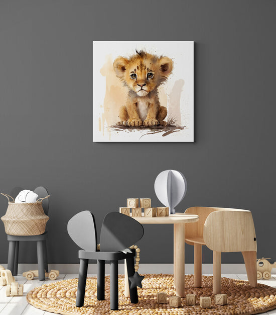 Tableau decoratif bébé lion à l'aquarelle pour chambre enfant