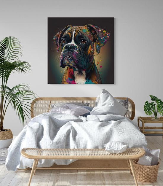 Tableau deco chien boxer en pop art, peinture multicolore pour chambre