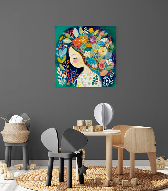 tableau art déco avec illustration fille fleurs dans les cheveux