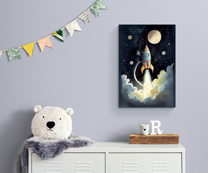 Tableau decoration fusée dans l'espace pour chambre enfant, peint à l’aquarelle, étoiles et astres lumineux