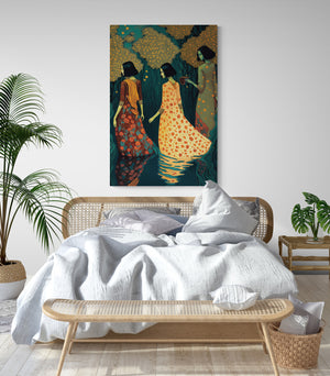 Tableau deco représentant 3 femmes dans l’eau, élégantes se baignant sous la lune, symbolisant la pureté et la purification spirituelle pour chambre