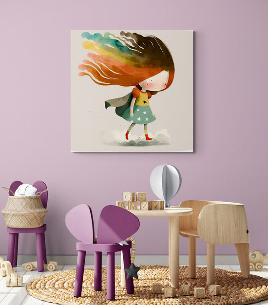 Tableau chambre, une jeune fille super-héro aux cheveux arc-en-ciel qui atterrit