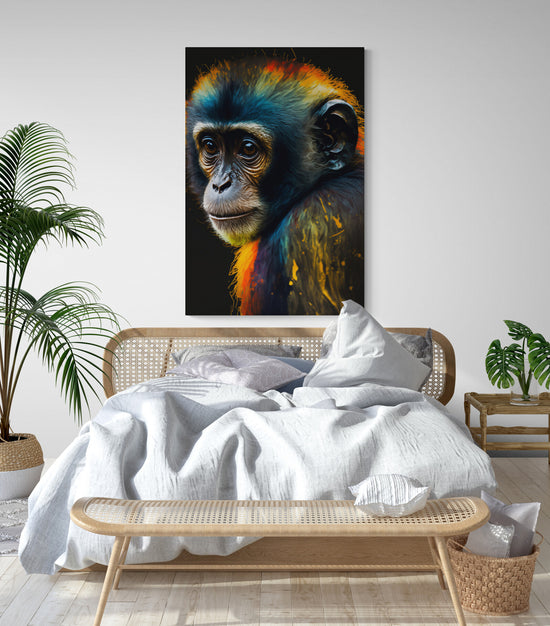 Tableau decoratif jeune singe au pelage en couleur, street art, dans chambre