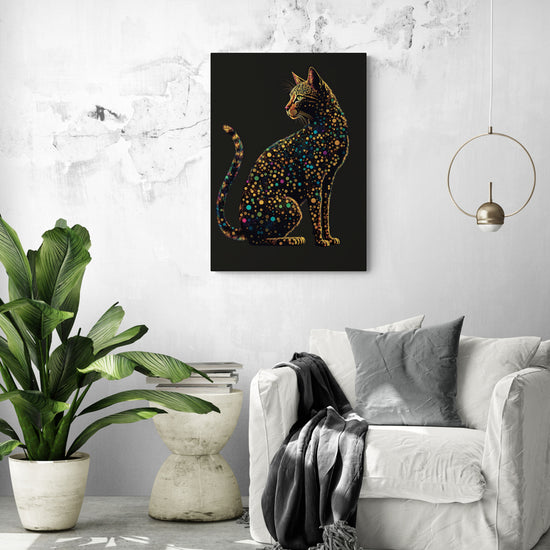 un tableau de chat coloré et design est accroché au-dessus d'un fauteuil blanc