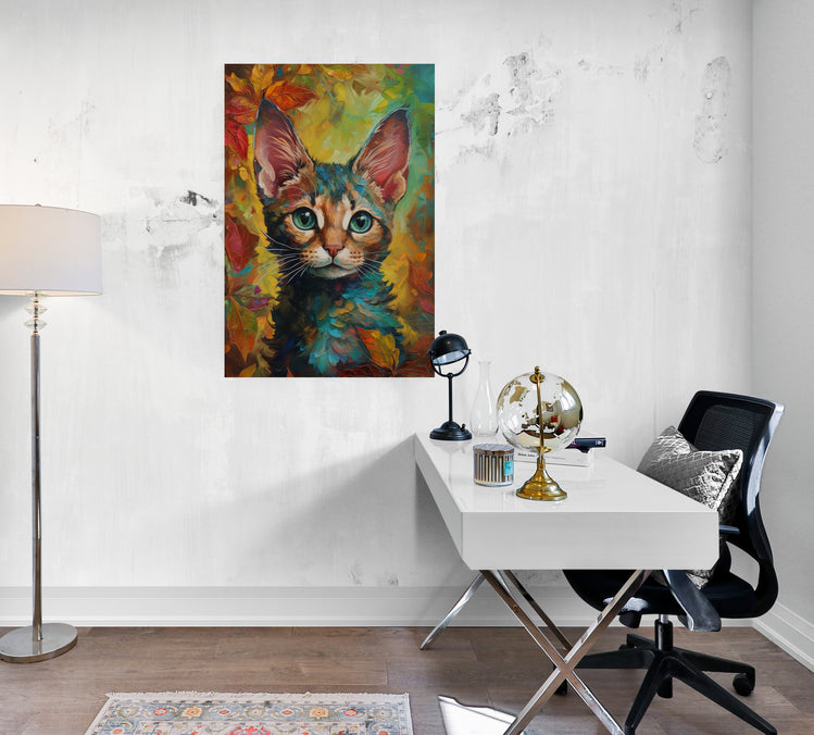 tableau décoration bureau, chat avec un fond rêveur, nostalgique et fantaisiste