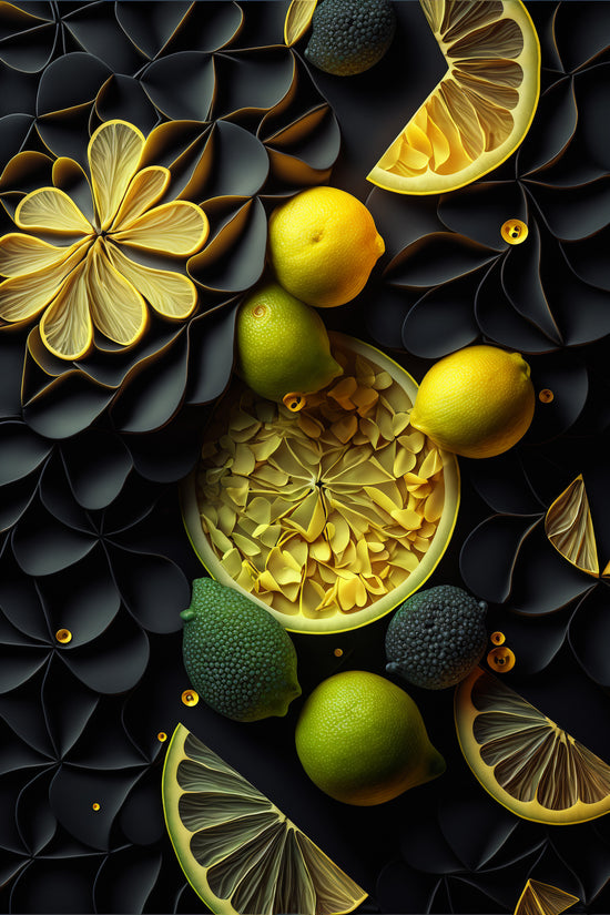 Une photo culinaire vue du haut avec des citrons entiers et des tranches de citron vert et jaune sur un de fleurs aux pétales noirs. Le contraste et intense et artistique. 