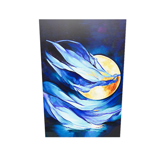 tableau clair de lune, pleine lune jaune intense, voile bleu profond 