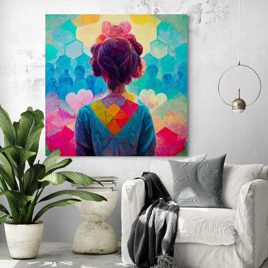 Grand Tableau coloré dans un salon. Une jeune fille y est représentée, le regard empli de bienveillance et de positivité. Elle semble voir le monde comme un endroit merveilleux, rempli de possibilités et de couleurs. Le jaune, le rose, le bleu et le vert se mêlent harmonieusement pour donner naissance à un univers lumineux et accueillant. Des formes humaines au loin semblent être emplies de bonté. Une vision du monde utopique et optimiste, comme celle que nous portions lorsque nous étions enfant