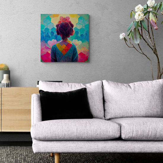 Petite toile de déco coloré dans un salon. Une jeune fille y est représentée, le regard empli de bienveillance et de positivité. Elle semble voir le monde comme un endroit merveilleux, rempli de possibilités et de couleurs. Le jaune, le rose, le bleu et le vert se mêlent harmonieusement pour donner naissance à un univers lumineux et accueillant. Des formes humaines au loin semblent être emplies de bonté. Une vision du monde utopique et optimiste, comme celle que nous portions lorsque nous étions enfant