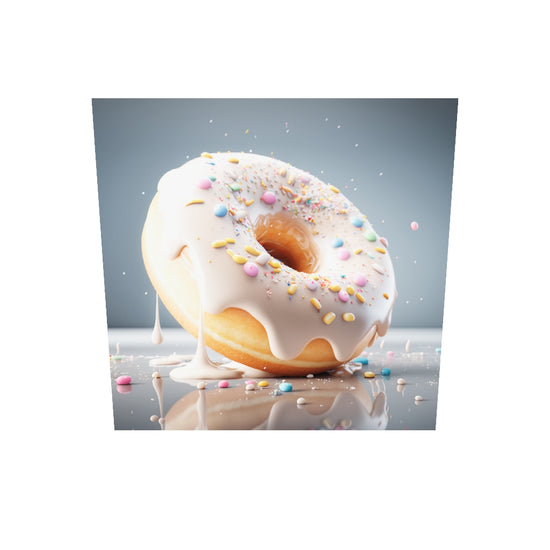 Tableau en aluminium dibon,en 3D, d'un donut moelleux et fondants en haute-définition. Sa saveur semble fruitée et sucré. Le glaçage couleur neige recouvre ce délicieux gâteau léger et crémeux. Des toppings multicolores viennent offrir une jolie touche esthétique à ce délice.