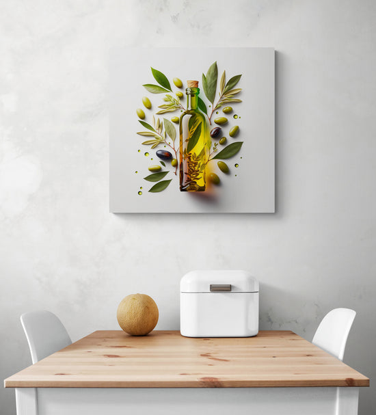 Tableau de cuisine moderne d'une bouteille en verre d'huile d'olive sur un mur