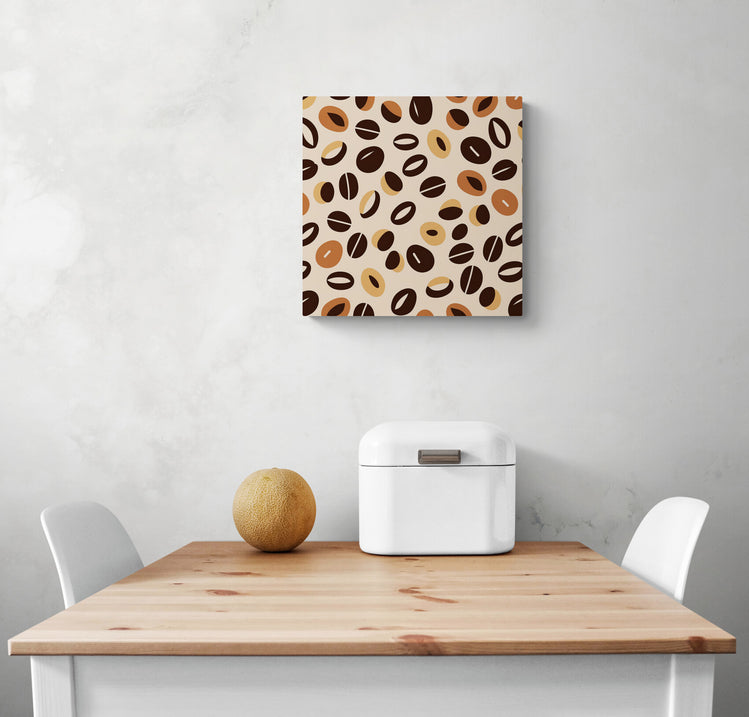 Petite toile cadre, accrocher dans une cuisine, tableau motif grains de café. Aux couleurs marron, orange et beige, inspiré du style africain, des grains de café qui se répètent avec des variances dans les formes