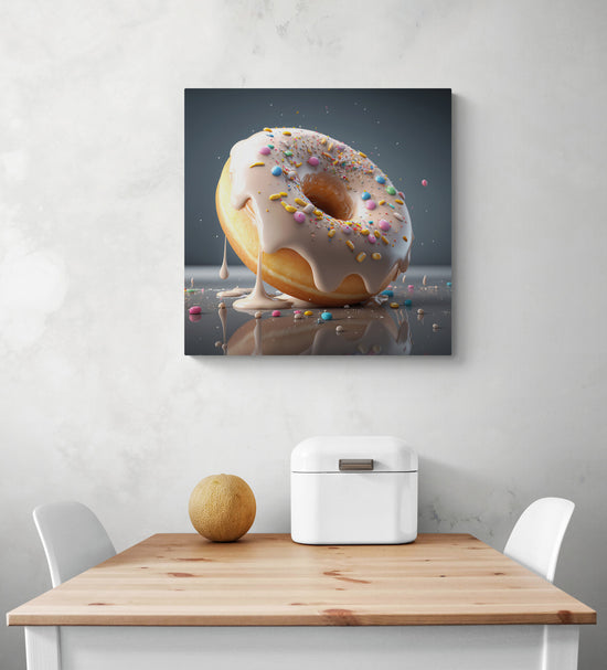 Tableau photo déco de taille moyenne dans une cuisine d'un donut moelleux et fondants. On imagine sa saveur légèrement fruitée et sucré. Le glaçage couleur neige recouvre ce délicieux gâteau léger et crémeux. Des toppings multicolores viennent offrir une jolie touche esthétique à ce délice.