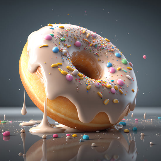 Tableau d'un donut moelleux et fondants. Sa pâte semble se déliter dans la bouche et on imagine sa saveur légèrement fruitée et sucré. Le glaçage couleur neige recouvre ce délicieux gâteau léger et crémeux. Des toppings multicolores viennent offrir une jolie touche esthétique à ce délice.