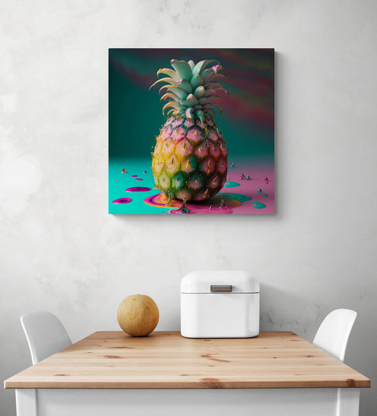 Mur d'une cuisine habiller d'un cadre déco d'un ananas mis en valeur par des couleurs vives et flashy comme le rose et le bleu turquoise. Noble et élégant, plein de vie, sa chair est juteuse et sa peau dorée. Pour les optimistes qui apprécient la vie en couleurs, même la pluie est rendue agréable et désirable. Le tableau de taille moyenne