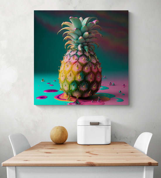 Grand tableau de déco, accrocher sur le mur d'une cuisine d'un ananas mis en valeur par des couleurs vives et flashy comme le rose et le bleu turquoise. Noble et élégant, plein de vie, sa chair est juteuse et sa peau dorée. Pour les optimistes qui apprécient la vie en couleurs, même la pluie est rendue agréable et désirable.