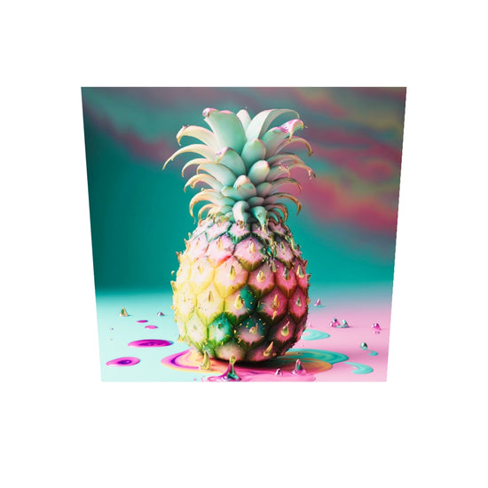 Tableau en plexiglas d'un ananas mis en valeur par des couleurs vives et flashy comme le rose et le bleu turquoise. Noble et élégant, plein de vie, sa chair est juteuse et sa peau dorée. Pour les optimistes qui apprécient la vie en couleurs, même la pluie est rendue agréable et désirable