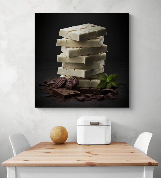 Déco d'intérieur d'une cuisine, un grand tableau de chocolat composé de briques de chocolat blanc formant une pile généreuse, rehaussée par quelques briques de chocolat au lait. De la poudre de cacao est soigneusement disposée autour, formant le trio des trois saveurs. Des feuilles de menthe fraîches viennent parfaire ce délicieux tableau