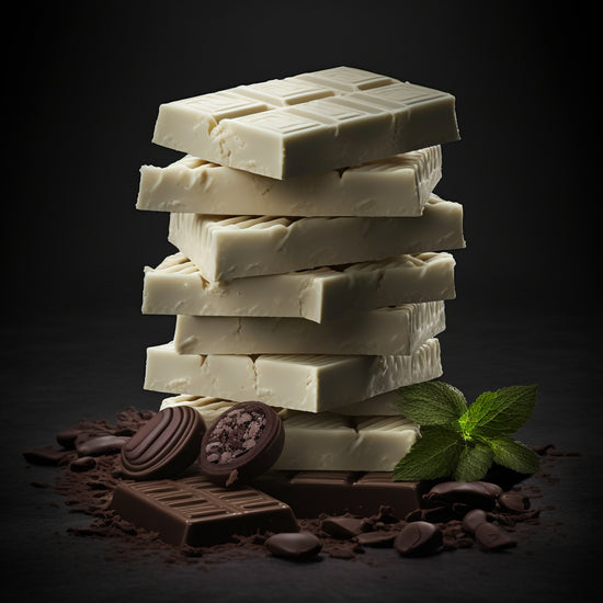 Tableau chocolat composé de briques de chocolat blanc formant une pile généreuse, rehaussée par quelques briques de chocolat au lait. De la poudre de cacao est soigneusement disposée autour, formant le trio des trois saveurs. Des feuilles de menthe fraîches viennent parfaire ce délicieux tableau