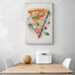 Grande déco mural, tableau pizza dans une cuisine, peint à l'aquarelle, on y voit une belle part de pizza avec tomate fraiche et mozzarelle fondante, inspiré de l'artiste Beatrix Potter