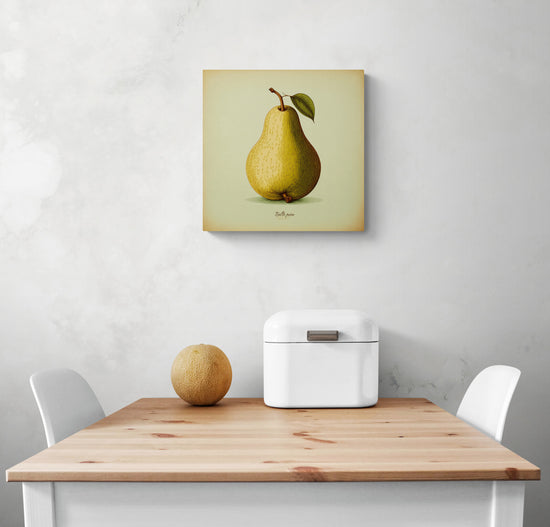 Petite déco design dans une cuisine, tableau poire jaune dessiné main. Des belles formes arrondies et des couleurs vibrantes apportent vitalité et générosité. La poire est surmontée d'une belle feuille verte attachée à sa tige, signe d'élégance et rappel son lien avec le poirier. Le fond du tableau est de couleur vert pomme. Le tableau est signé "Belle poire" de façon manuscrite