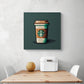 Un tableau sur toile de taille moyenne, accrocher sur le mur d’une cuisine d’une tasse de café Starbucks en pixel art, avec des couleurs marron et vert contrastantes pour une esthétique raffinée et confortable. Cela semble cosi et de chaleureux