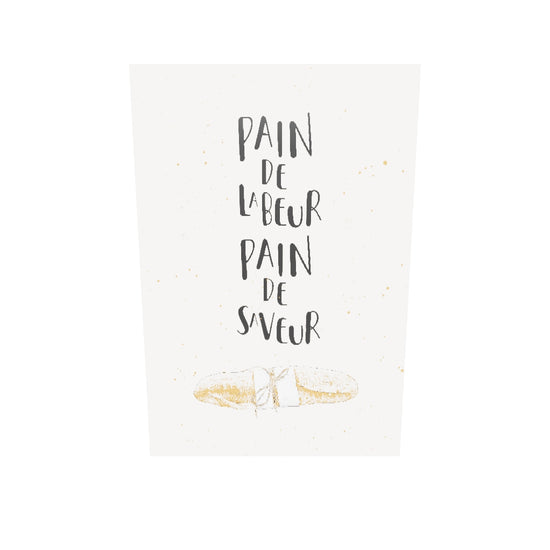 Un tableau en plexiglas avec une illustration de baguette. On peut également lire la citation "Pain de labeur, pain de saveur". Les couleurs sont douces et neutres