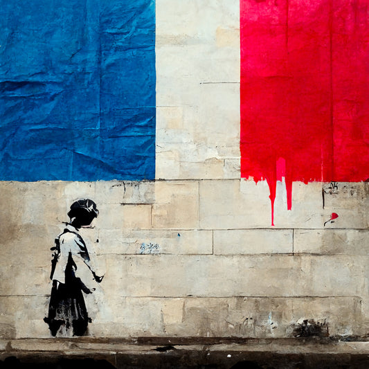 Tableau de Banksy. Au travers de ses yeux innocents, une jeune fille découvre la souffrance française, inspiré par les œuvres de Banksy. La grandeur imposante du drapeau, qui dégage une force et une noblesse indéniables, rappelle à chacun l'espoir et le combat à mener avec détermination pour un monde meilleur et plus lumineux