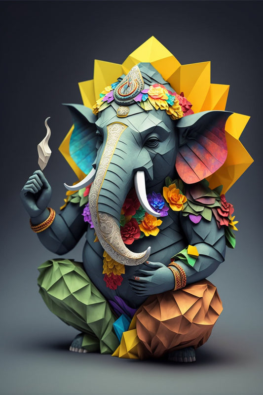  tableau origami du dieu indien Ganesh, fleurs colorées,  couleurs vives,  très détaillé, fond gris