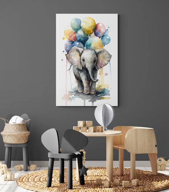 tableau pour chambre bebe avec elephant et ballon à l'aquarelle