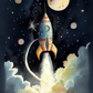 Tableau thème de l'espace pour enfant avec fusée, étoiles et astres lumineux