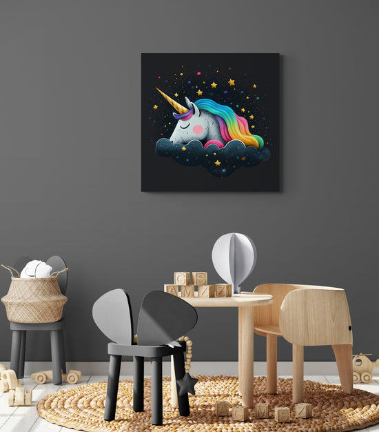 tableau chambre fille avec licorne endormie sur nuage étoiles arc-en-ciel