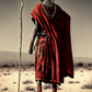  tableau africain guerrier Maasai debout avec un long bâton, dans le désert
