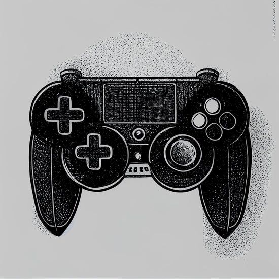 un tableau avec une manette de console noire sur un fond blanc