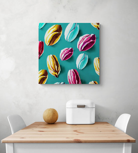 Tableau home déco de plusieurs cacaos colorés, dans les tons bleu ciel, rose et jaune. Style Nathalie Lété. Le fond est en papier conqueror ajoute une touche de sophistication à cette œuvre.