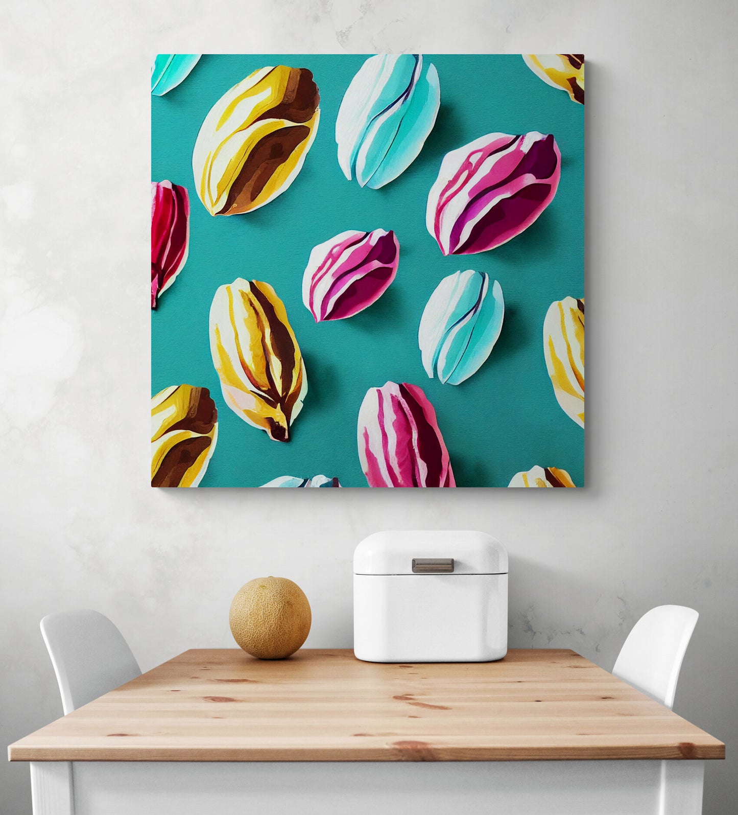 Grand cadre déco de plusieurs cacaos coloré, dans les tons bleu ciel, rose et jaune. Style Nathalie Lété. Le fond est en papier conqueror ajoute une touche de sophistication à cette œuvre.